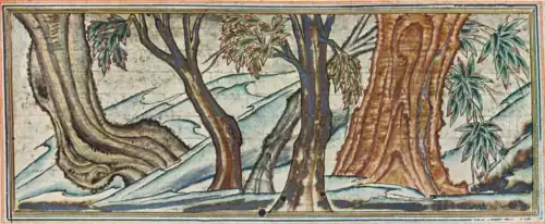 "The sacred tree of Buddha". A photo from the Jami' al-tawarikh by Rasheed al-Din Al-Hamazani, Folio 47 Recto. Collection of the Royal Asian Society in London. Rab-i-Rashidi 1314.