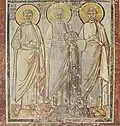 Saints Marcellinus, Pollion and Petrus in the Catacomb of Ponzian, from the book Die Malereien der Katakomben Roms (Tafeln), ed. by Joseph Wilpert, plate 255