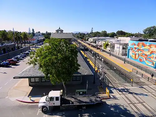 Overhead view of a suburban railroad station
