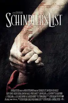 On a black background, a man's hand holds a red-sleeved girl's hand; a typewritten list is superimposed on top.
