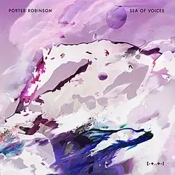 An abstract artwork with pinks and blues.