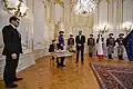 Mike Pompeo register in the Grassalkovich Palace guestbook in the Great Hall