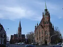 Center of Sint-Amandsberg, with former town hall and church of Saint Amand
