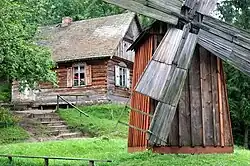 Kurpie home and windmill at Skansen Kurpiowski