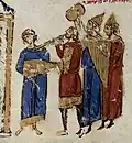 12th-13th century A.D., Palermo, Sicily. Byzantine musical instruments: lute, trumpet or shawm, cymbals, rota. Skylitzes Manuscript, Madrid, National Library, codex vitr. 26-2, page 173 (folio 78r).