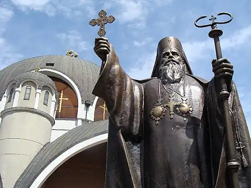 Statue of Dositheus&nbsp;II in front of the church.