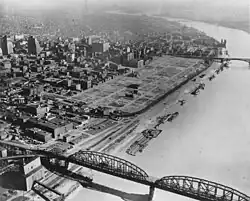 Large empty area adjacent to St Louis downtown, cleared for redevelopment