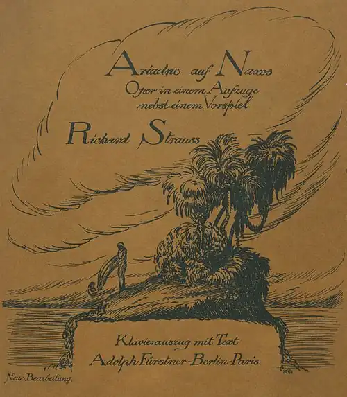 Image 6 Ariadne auf Naxos Illustration credit: unknown Ariadne auf Naxos ('Ariadne on Naxos'), Op.&nbsp;60, is an opera by Richard Strauss with a German libretto by Hugo von Hofmannsthal. Combining slapstick comedy and consummately beautiful music, the opera's theme is the competition between high and low art for the public's attention. The opera was originally conceived as a 30-minute divertissement to be performed at the end of Hofmannsthal's adaptation of Molière's play Le Bourgeois gentilhomme. Besides the opera, Strauss provided incidental music to be performed during the play. In the end, the opera was ninety minutes long, and the performance of the play and opera together totalled over six&nbsp;hours. It was first performed at the Staatsoper Stuttgart on 25&nbsp;October&nbsp;1912, directed by Max Reinhardt. The combination of the play and opera proved to be unsatisfactory to the audience: those who had come to hear the opera resented having to wait until the play finished. The work was revised in 1916, with the play being replaced by a prologue, and first performed at the Vienna State Opera on 4 October of that year. This picture is the cover of a vocal score of the revised edition of Ariadne auf Naxos, published in 1916. More selected pictures
