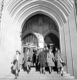 Tony Jaques: Students leaving the Chemistry Building, University of Saskatchewan, Saskatoon. May 1944.