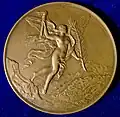 Helvetia flying over Lake Lucerne on a medal for the 600th Anniversary of Switzerland 1891 by Alphée Dubois, obverse