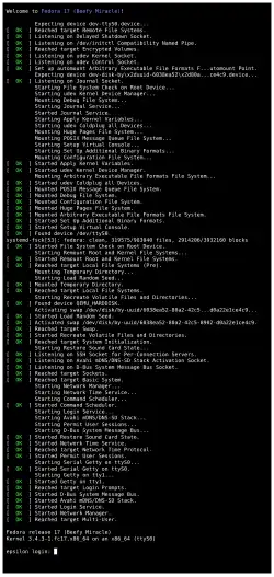 systemd on Fedora 17 showing multiple component startups