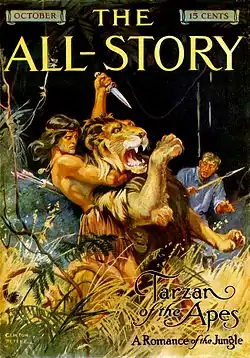 A man in a loincloth attacks a lion with a knife