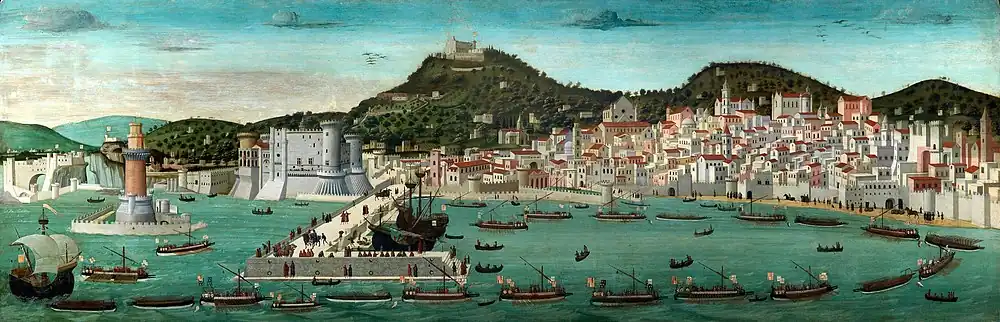 Painting by Francesco Rosselli, 1472. Castel Nuovo is visible before its remodeling, still showing damage from the 1456 earthquake.