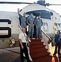 Apollo 10 crewmembers Eugene Cernan, Thomas P. Stafford, and John W. Young onboard Princeton, 26 May 1969