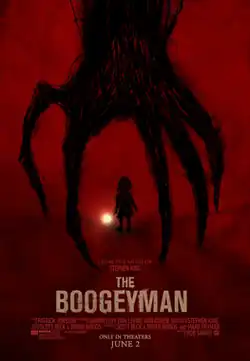 Atop a red background, the scribble of a large monstrous hand hovers over the scribble of a little girl holding a flashlight.