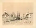The earlier John Gwynn bridge, with the Abbey Church of Saint Peter and Saint Paul in the background, in an 1838 lithograph by Henry Blunt.