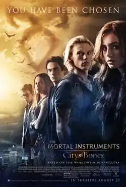At the front on the right is a girl, with 4 more people behind her, each further away. A rune or symbol can be seen in clouds against the yellow sky.