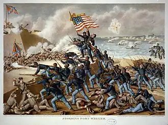 USCT regiment storming Fort Wagner representative of the 54th Massachusetts infantry-as it shows Colonel Shaw as a fatality