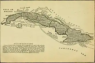 Beige paper with a hand drawn map of Cuba. The Atlantic Ocean is labelled to the north, the Gulf of Mexico to the west, and the Caribbean Sea to the south. The Nicholas Channel is labelled between Cuba's northern coastline and Salt Bay Bank.