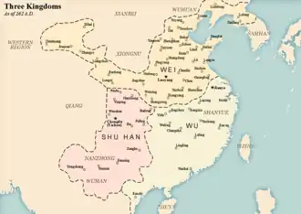 The territories of Wu (in light greenish grey), as of 262 A.D.