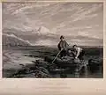 Three young boys are fishing in rock pools with a large net after W. Collins