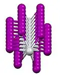 View almost down the chain of titanium(III) iodide highlighting the eclipsing of the halide ligands in such face-sharing octahedra.