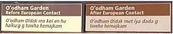 Signs for Tohono O'odham gardens showing farming before and after European contact