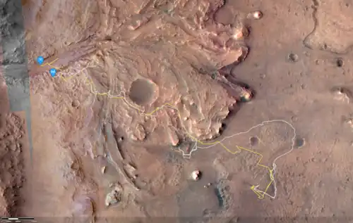 Ingenuity total flight path at end of mission, also showing Perseverance's track up to that point.