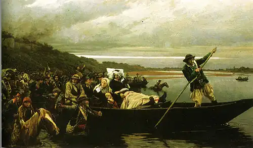 Painting shows people in boats crossing a river at dusk.