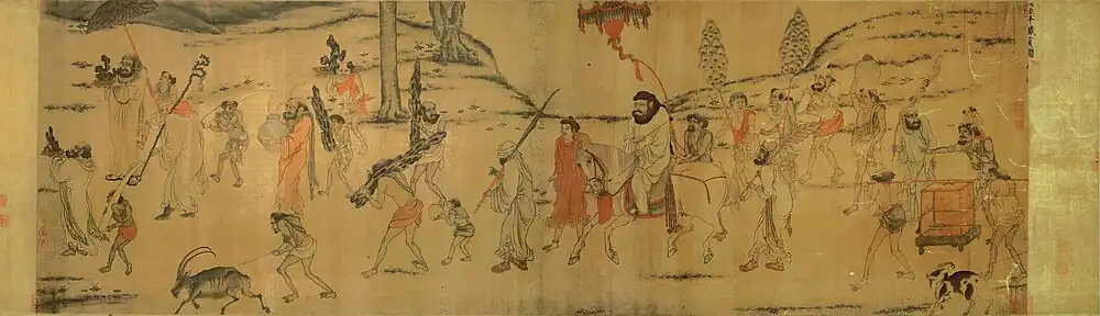 Portraits of Periodical Offering of Tang, depicting foreign envoys with tribute bearers. Song dynasty copy