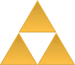 A depiction of the Triforce, three golden equilateral triangles with one triangle positioned above the other two triangles