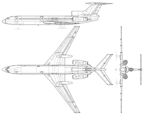 Tupolev Tu-154 with undercarriage pods as Küchemann carrots