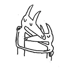 A minimalistic drawing of two conjoined dog-like creatures hugging each other