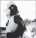 Blue Hen mascot standing in front of crowd.