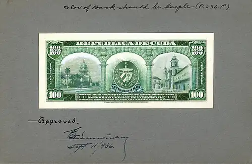BEP progress proof reverse for a 1930s Cuban 100 peso silver certificate depicting the Cuban coat of arms.