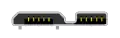 A USB 3.0 Micro‑B plug: a wide, flat metal shell, twelve by two millimetres, in two sections with latch springs protruding from the bottom side. It is distinct from the USB 3.0 Micro‑A plug only in that the edges of the wider section are chamfered on the upper side and that there may a raised "B" on the top of the plug body.