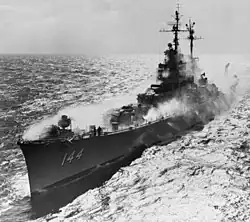 Worcester testing her anti-nuclear radiation wash down system on 7 July 1954