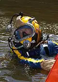 Surface supplied light head and closed circuit video camera on Kirby-Morgan 17 helmet.