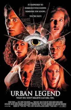 Various faces of the cast in a shattered glass pattern. A yellow eye stares out from a hole in the middle.
