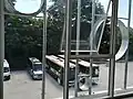 Windows of the bus station with a view of the coaches