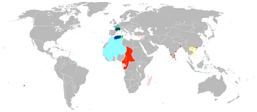 See map legend for color descriptions; sky blue = colonies under the control of Free France after Operation Torch