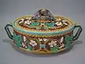 Victoria Pottery Company Pie dish and cover, coloured glazes, c. 1880