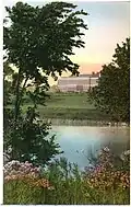 Scenic river with building in the distance