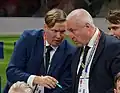 Mika Kohonen (left) in the semifinal match against Sweden at the 2022 World Floorball Championships.