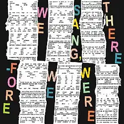 The album's title typed in multicolored vertical text between scraps of white paper with small black text on them.