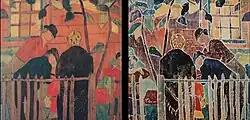 Broken Fence by Agnes Weinrich, a white line woodblock made on or before 1917; at left: the picture she made as source for the print; at right: a print pulled from the woodblock