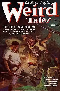 Two men with rifles stare in shock at a huge jewel in the hand of a skeleton