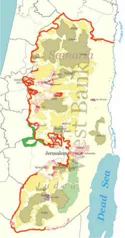 Image 53The Gaza–Israel barrier route built (red), under construction (pink) and proposed (white), as of June&nbsp;2011[update] (from History of Israel)