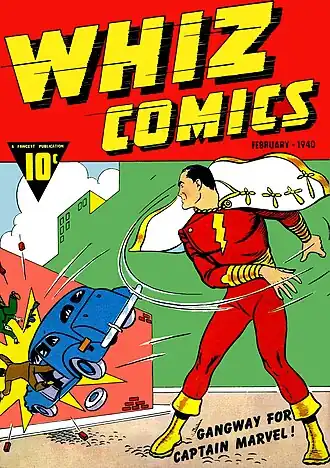 Comic-book cover with a caped, red-costumed Captain Marvel throwing a car into a wall