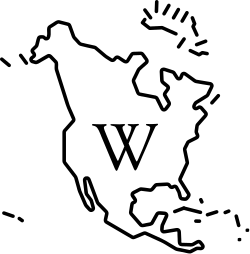 An icon of the North American continent with a large serif letter W in the middle